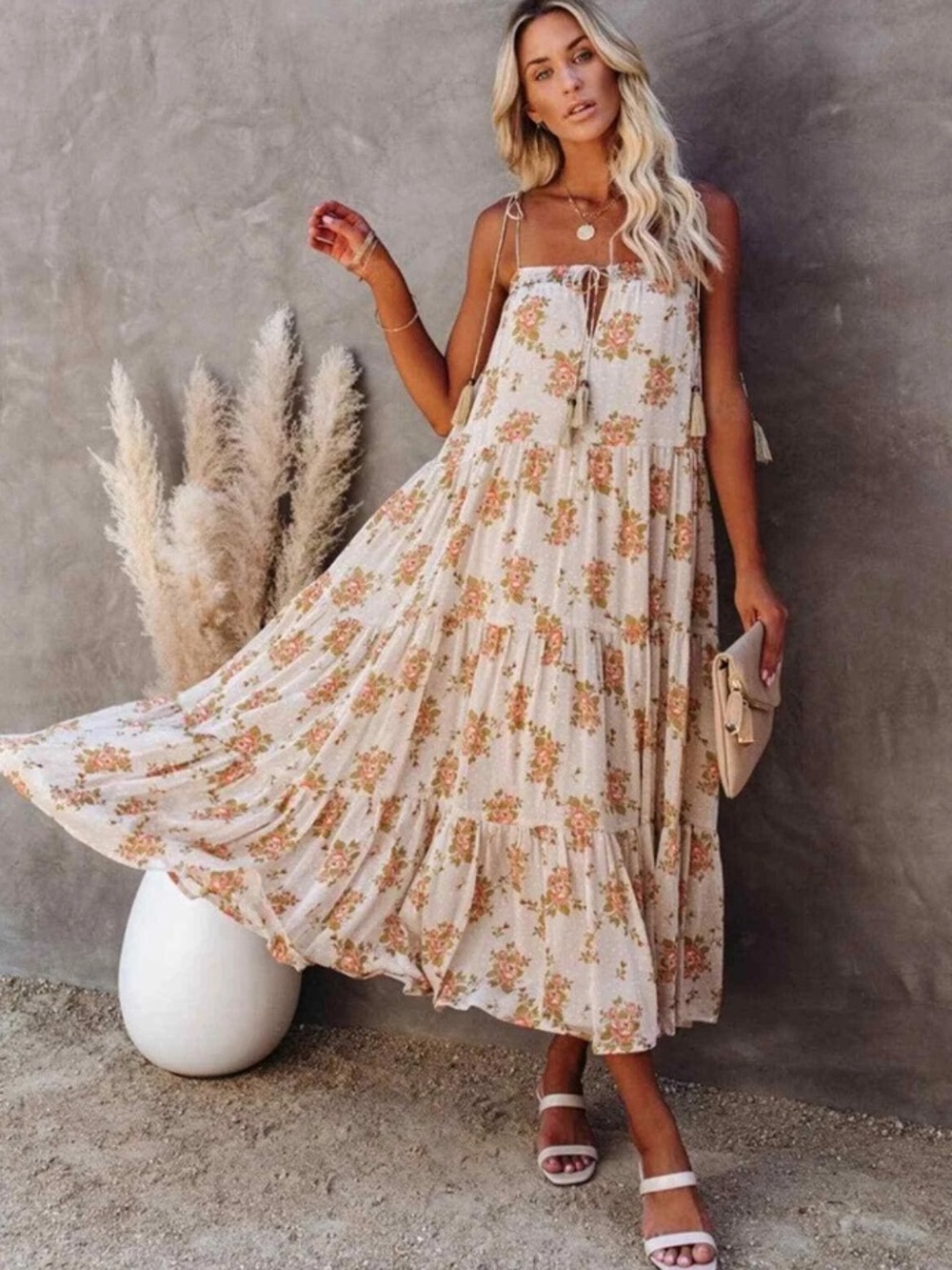 Storia Floral Tiered Tassel Midi Boho Dress in beige roses L